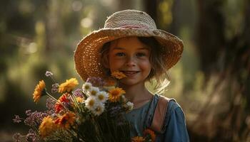 Candid portrait of cheerful girl enjoying nature generated by AI photo