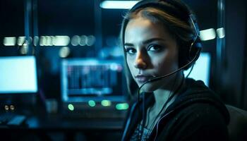 Young woman working late with headset on generated by AI photo