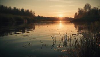 Silhouette of tree at dusk over pond generated by AI photo