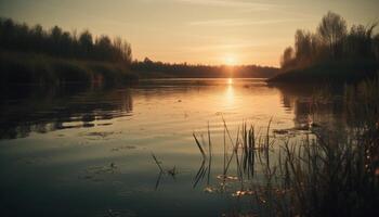 Silhouette of tree at dusk over pond generated by AI photo