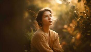 Young woman smiling in autumn forest beauty generated by AI photo