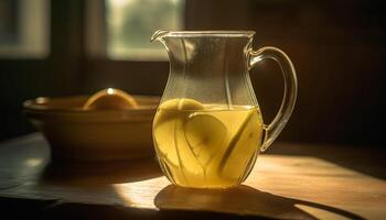 Fresh yellow drink in glass on wooden table generated by AI photo