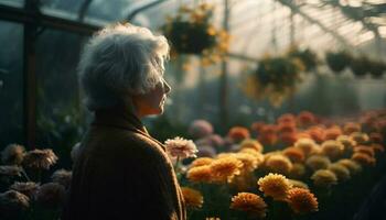 One senior woman holding yellow flower, smiling generated by AI photo