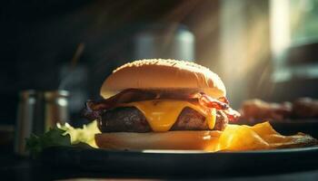 Grilled cheeseburger and fries, a classic American meal generated by AI photo