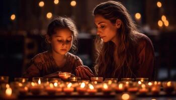 familia celebra noche juntos con brillante luz de una vela generado por ai foto