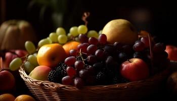 Fresco Fruta en mimbre cesta, otoño abundancia generado por ai foto