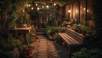 Tranquil summer night illuminated lantern on rustic bench generated by AI photo