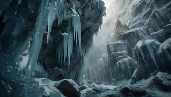 Frozen waterfalls glow blue in mountain grotto generated by AI photo