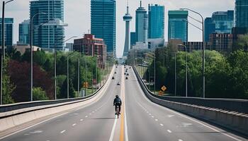 Cycling on city footpath, vanishing point approach generated by AI photo