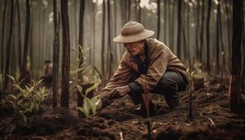 uno hombre agachado plantando crecimiento en suciedad generado por ai foto