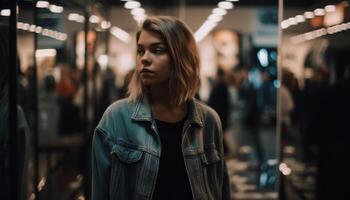 uno confidente joven mujer en pie en iluminado subterraneo estación a noche generado por ai foto