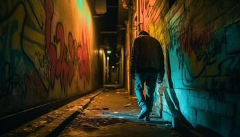 A hooded hooligan walks alone in the abandoned city streets generated by AI photo