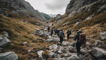 Men and women hiking mountain peak, backpacking through extreme terrain generated by AI photo