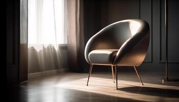 Elegant leather armchair sits in modern living room with empty stage generated by AI photo