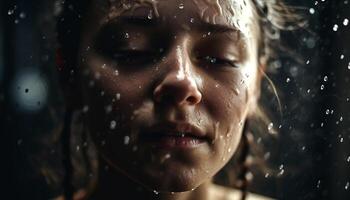 uno hermosa mujer, ojos cerrado, sonriente en el lluvia generado por ai foto