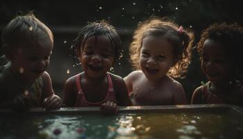 un grupo de alegre niños jugando en el mojado al aire libre generado por ai foto