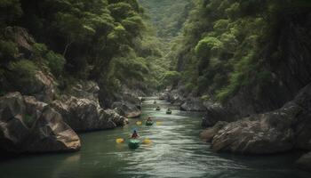 hombres kayak en el fluido agua de un hermosa barranco generado por ai foto