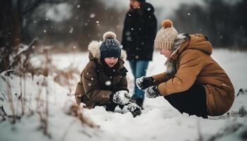 Family bonding in the snow, enjoying winter playful adventure together generated by AI photo