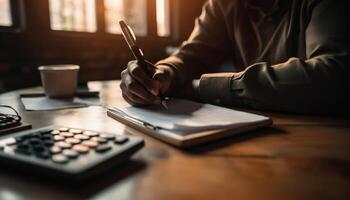 One businessman sitting at desk, working on finance document generated by AI photo