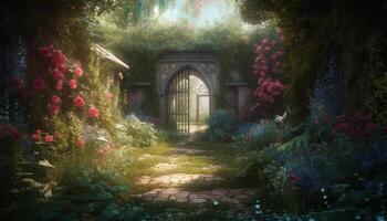 The old arch and formal garden showcase beauty in nature generated by AI photo