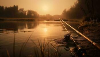 Tranquil sunset fishing, water reflects beauty in nature rural scene generated by AI photo