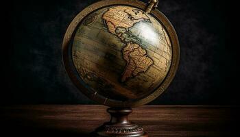 Antique globe on wooden desk, depicting planet physical geography generated by AI photo