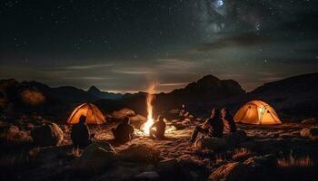 Camping under the Milky Way, hiking mountain peaks, relaxation by campfire generated by AI photo