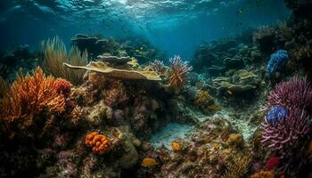 Colorful aquatic animals swim in natural reef landscape underwater generated by AI photo