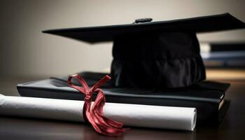 graduación éxito diploma con gorra, certificado, borla, logro, celebracion, sabiduría generado por ai foto