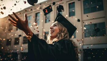 uno joven mujer celebra graduación, lanzamiento papel picado con emoción generado por ai foto
