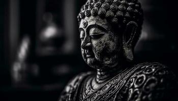 budista estatua meditando en negro y blanco, símbolo de espiritualidad generado por ai foto