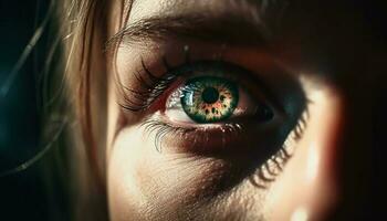 hermosa joven mujer curioso con azul ojos en naturaleza reflexión generado por ai foto