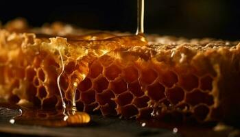 Golden honey drop pours from honeycomb, nature sweet refreshment generated by AI photo