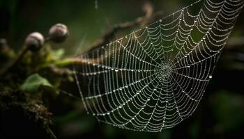 Spooky spider spins wet web in dark forest, trapping insect generated by AI photo