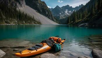 kayak en rocoso montañas un tranquilo aventuras en naturaleza belleza generado por ai foto