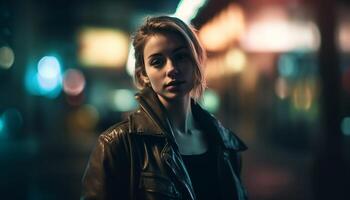 A confident young woman in leather jacket smiling at camera generated by AI photo