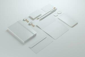 Office stationery set, envelope, sheet, business cards, pencil, pen and notebook. Mockup design. photo