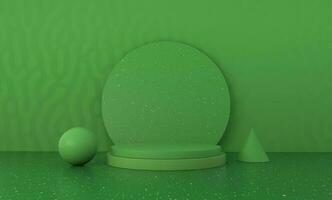 Scene of an ecological podium and geometric shapes next to it with green terrazzo textures photo