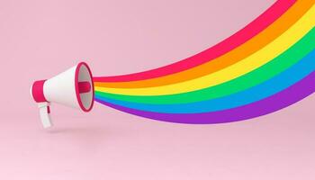 Megaphone Announcement on Pink Background with pride rainbow flag. photo