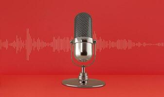 Microphone and Sound wave on a magenta studio background. Podcast, live, streaming, creator content. photo