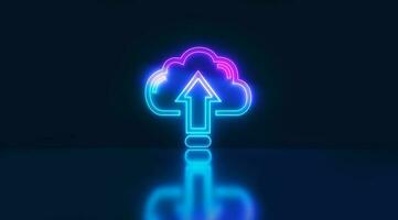 Neon cloud upload data neon sign in blue with reflection background. Cloud technology. photo
