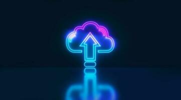 Neon cloud upload data neon sign in blue with reflection background. Cloud technology. photo