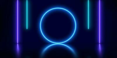 Neon blue round frame background. circle, ring shape, empty space, ultraviolet light. photo
