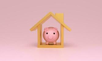 Piggy bank inside icon house on pink background. photo