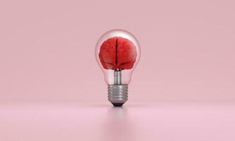 Brain inside a light bulb on pink background. Concept of inspiration, creativity, idea, education, innovation. photo