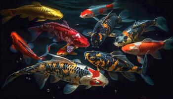 Top view of colorful school koi fishes in clear water. and fish concept photo