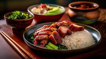 Chinese bbq sweet pork serve with rice. AI generative. photo
