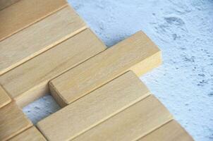Top view of blank wooden blocks with customizable space for text. photo