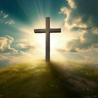 Wooden Cross on top of a hill with shinning light background. Lent season, Holy Week and Good Friday concept. photo