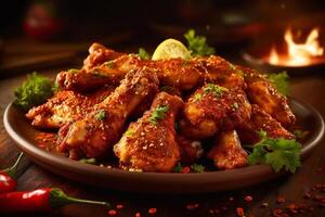 Spicy fried chicken pieces on wooden plate. photo